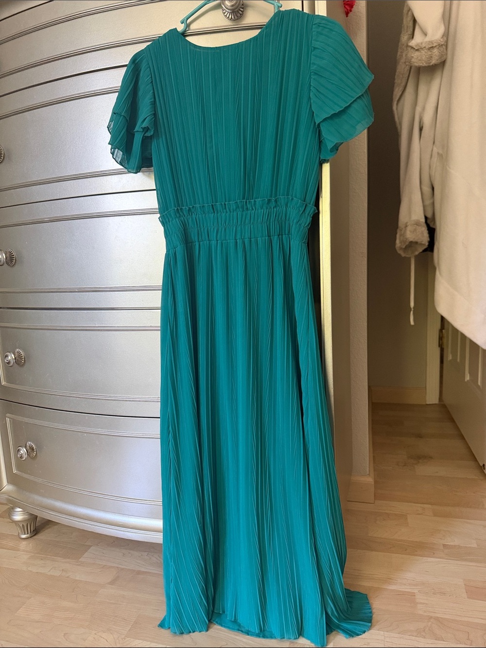 Zara Teal Pleated Maxi Dress with Short Flutter Sleeves
